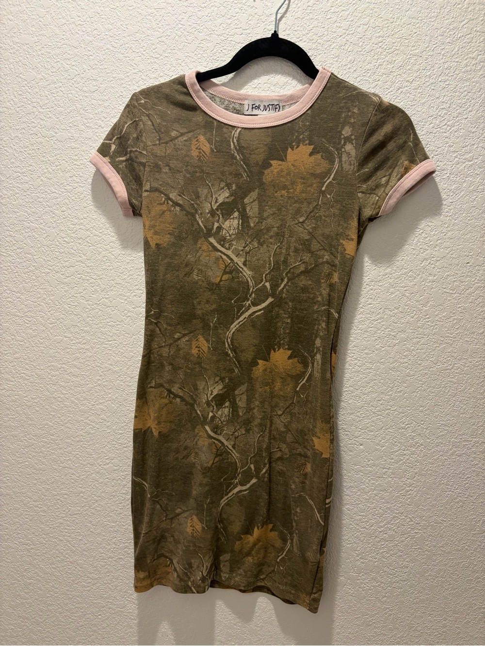 For Justice Moss Green Camo Leaf Ringer Tee Dress with Pink Trim